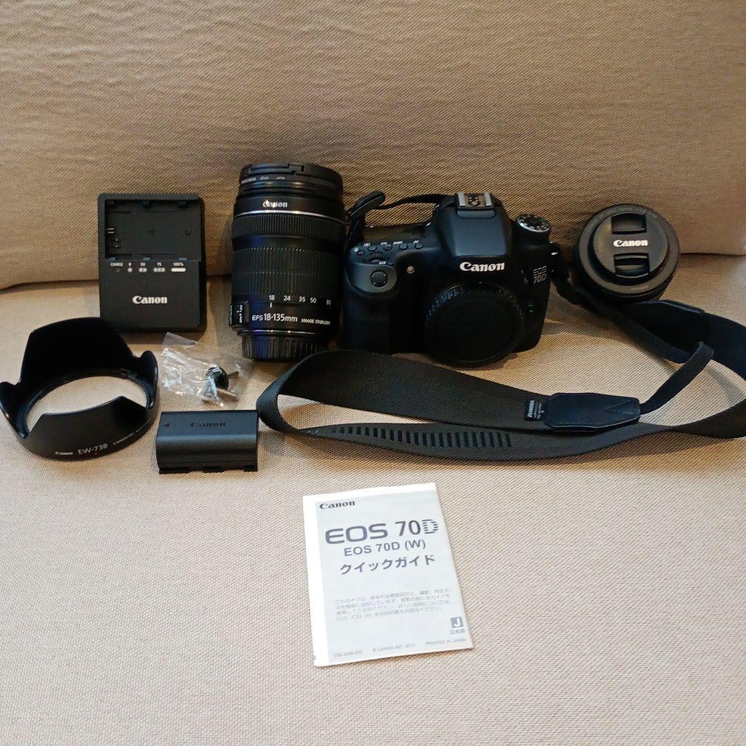 一眼レフCanon EOS70D ズームレンズ、単焦点レンズ、フード、ポーチ付き