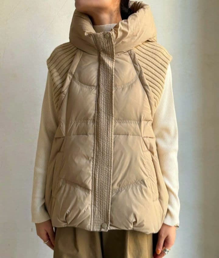 ニットドッキングダウンベスト フード ダウンベスト ベージュ フード付き
