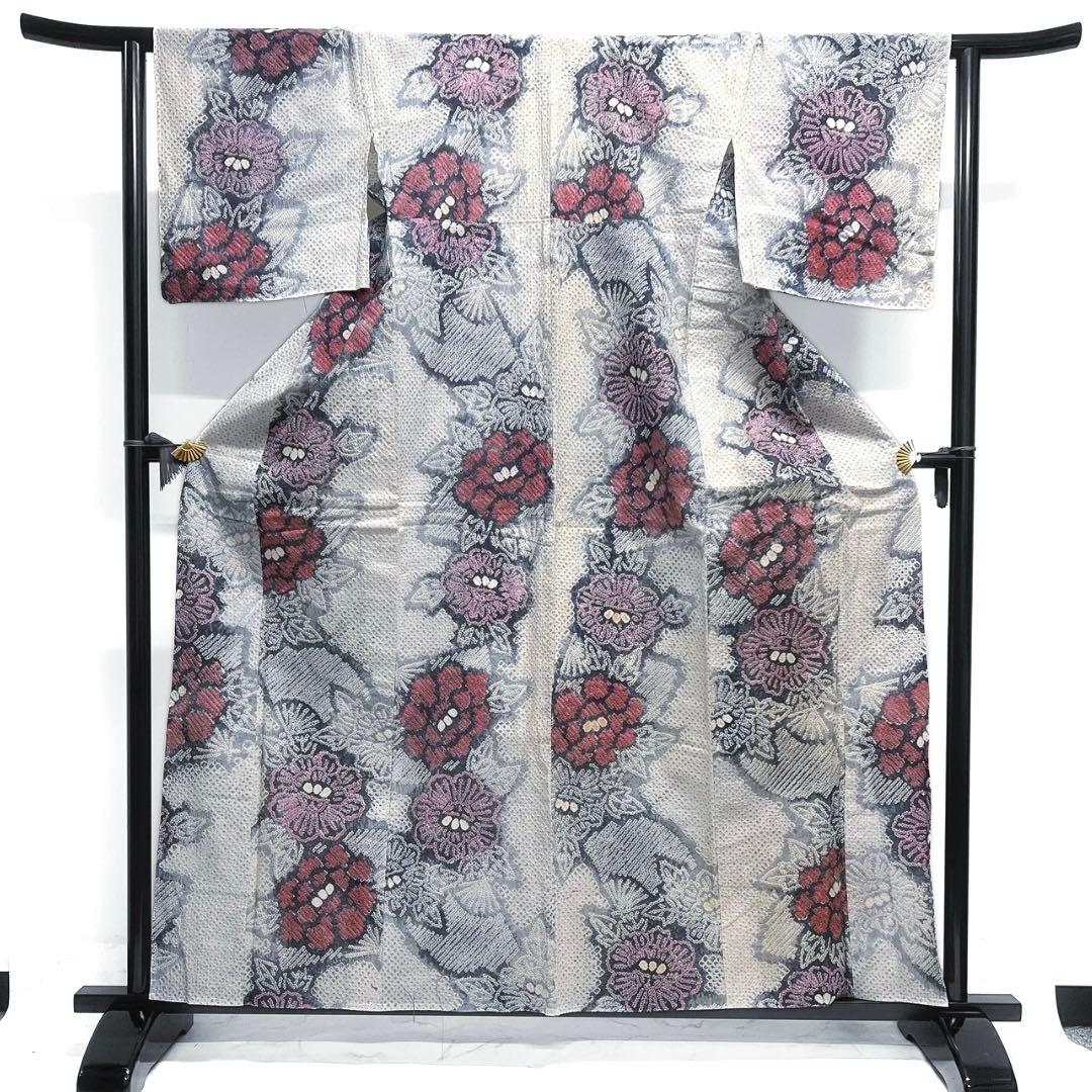 浴衣　有松鳴海絞り　花模様　牡丹　扇　グレー　着物　041a d