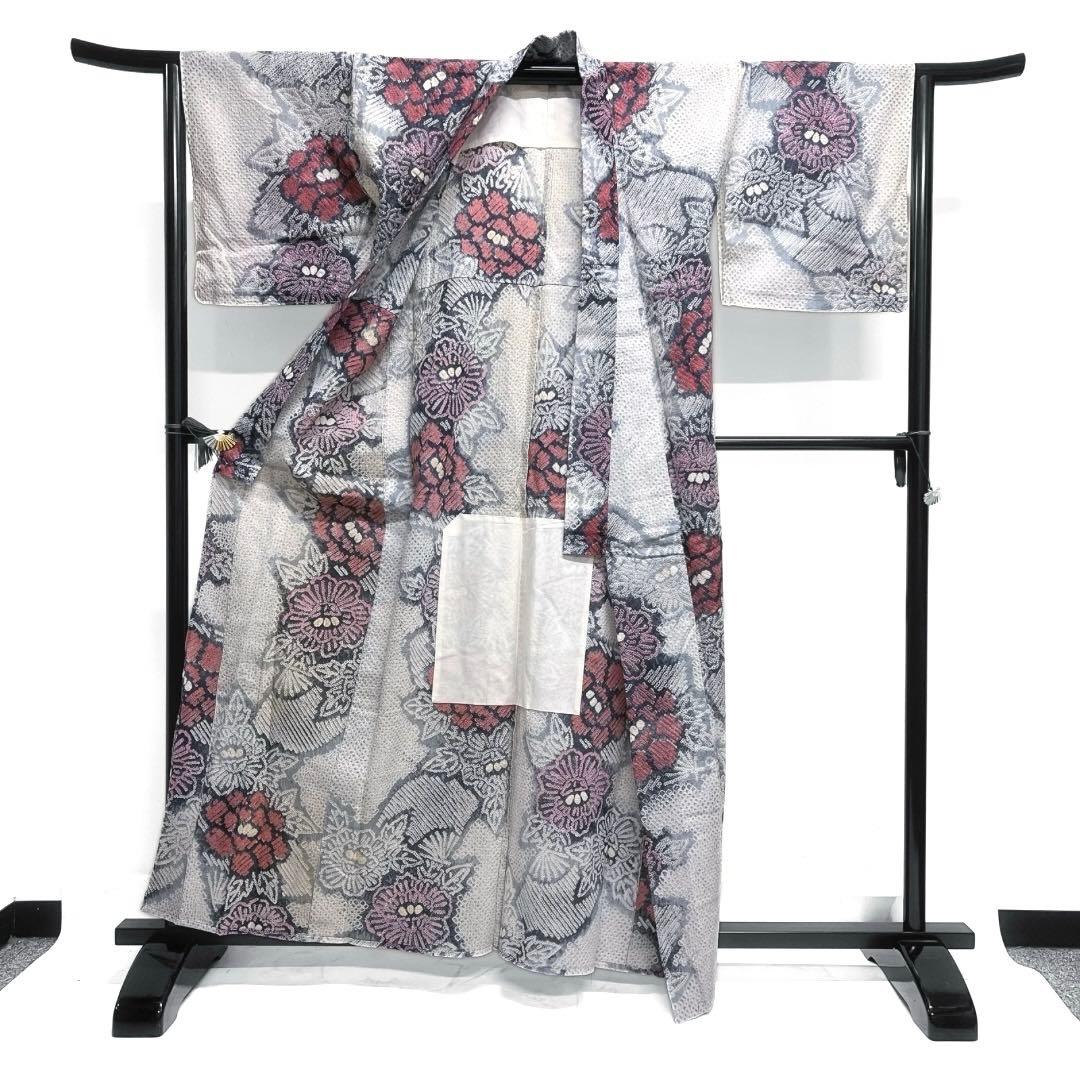 浴衣　有松鳴海絞り　花模様　牡丹　扇　グレー　着物　041a d