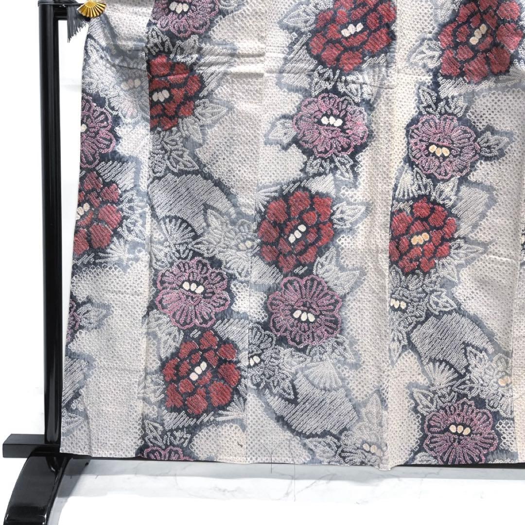 浴衣　有松鳴海絞り　花模様　牡丹　扇　グレー　着物　041a d