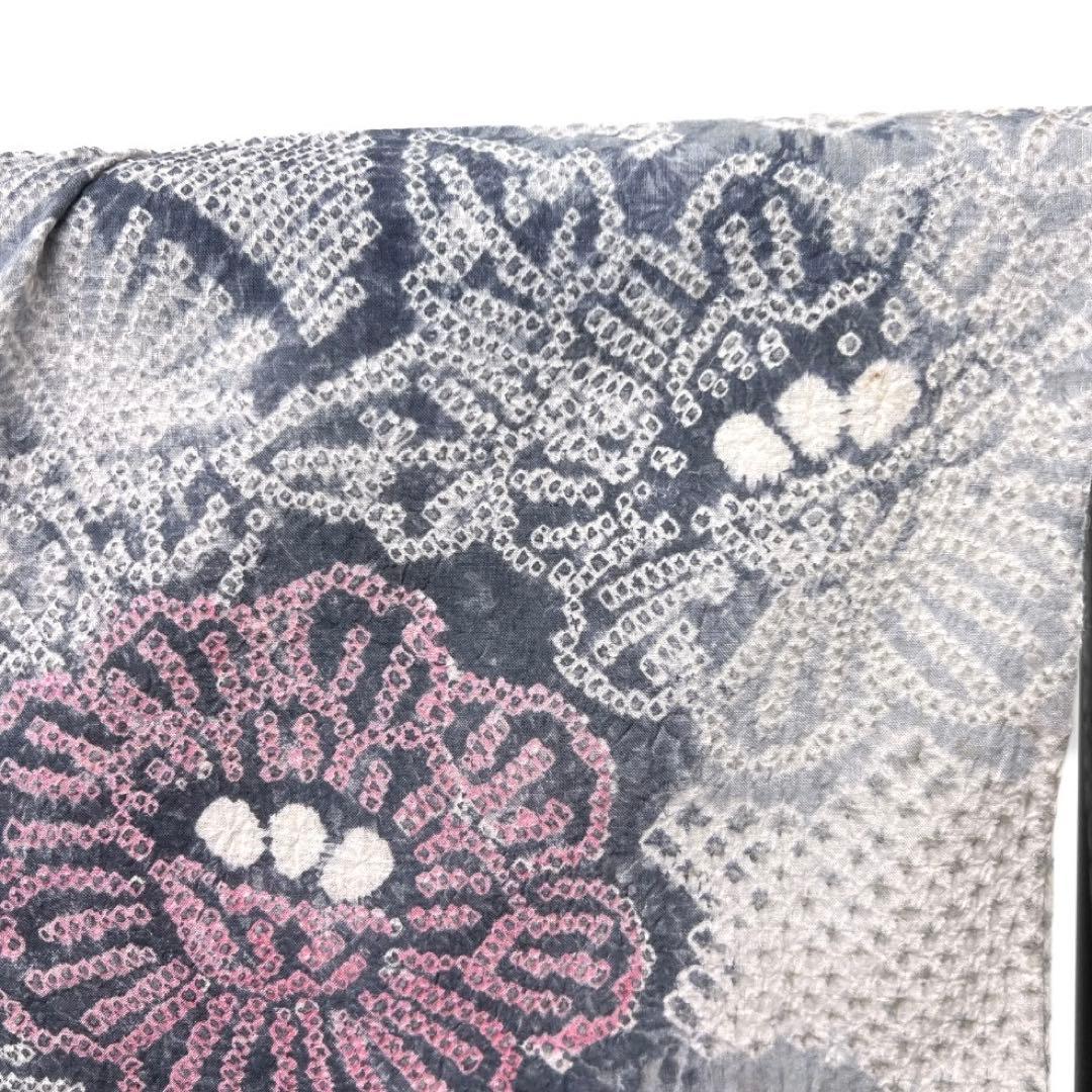 浴衣　有松鳴海絞り　花模様　牡丹　扇　グレー　着物　041a d