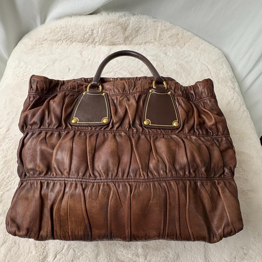 真贋済　PRADA プラダ　ハンドバッグ　羊革　ゴーフル　ブラウン