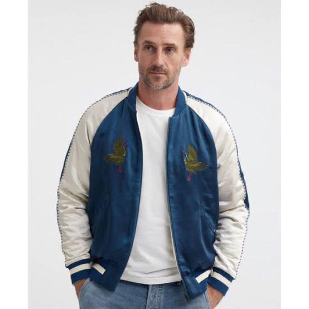 DENHAM スカジャン 青/白 鶴刺繍