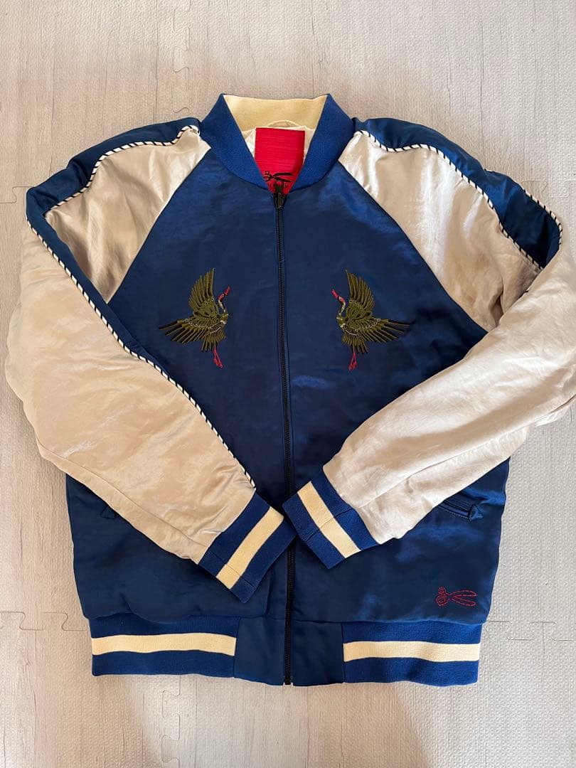 DENHAM スカジャン 青/白 鶴刺繍