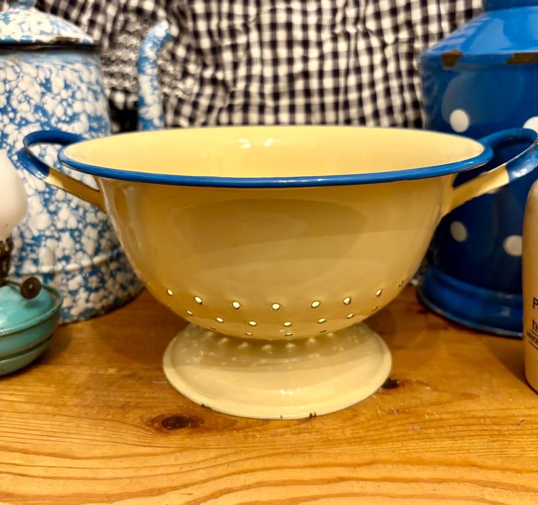 ◆希少美品◆イギリスアンティーク ホーローコランダー　クリーム×ブルー