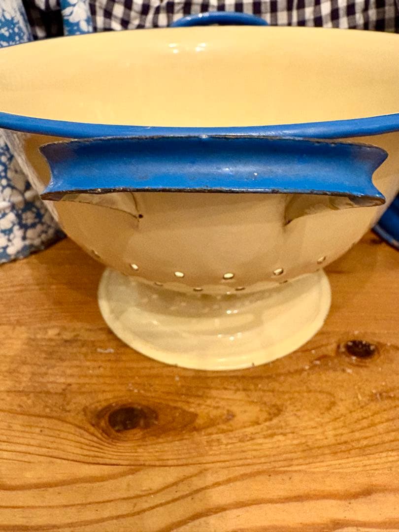 ◆希少美品◆イギリスアンティーク ホーローコランダー　クリーム×ブルー