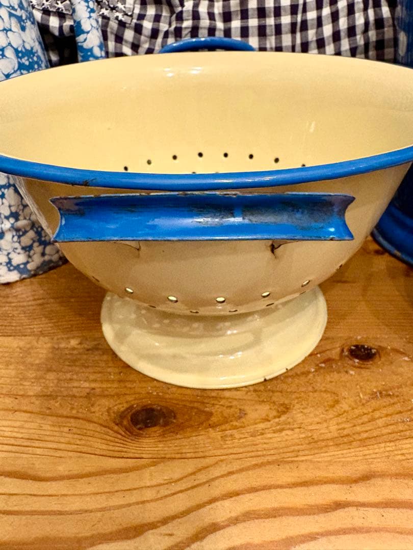 ◆希少美品◆イギリスアンティーク ホーローコランダー　クリーム×ブルー