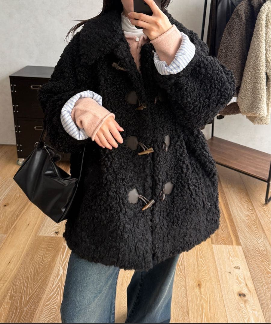 MUHET プードルシャギーダッフルコート　黒　ボア　Lサイズ