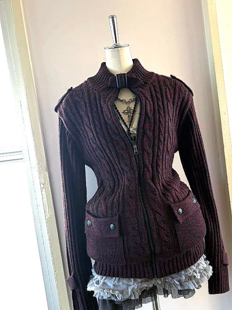 y2k 00s当時物 マーブルニット裏ボア ライダース ケーブル編み 平成ギャル