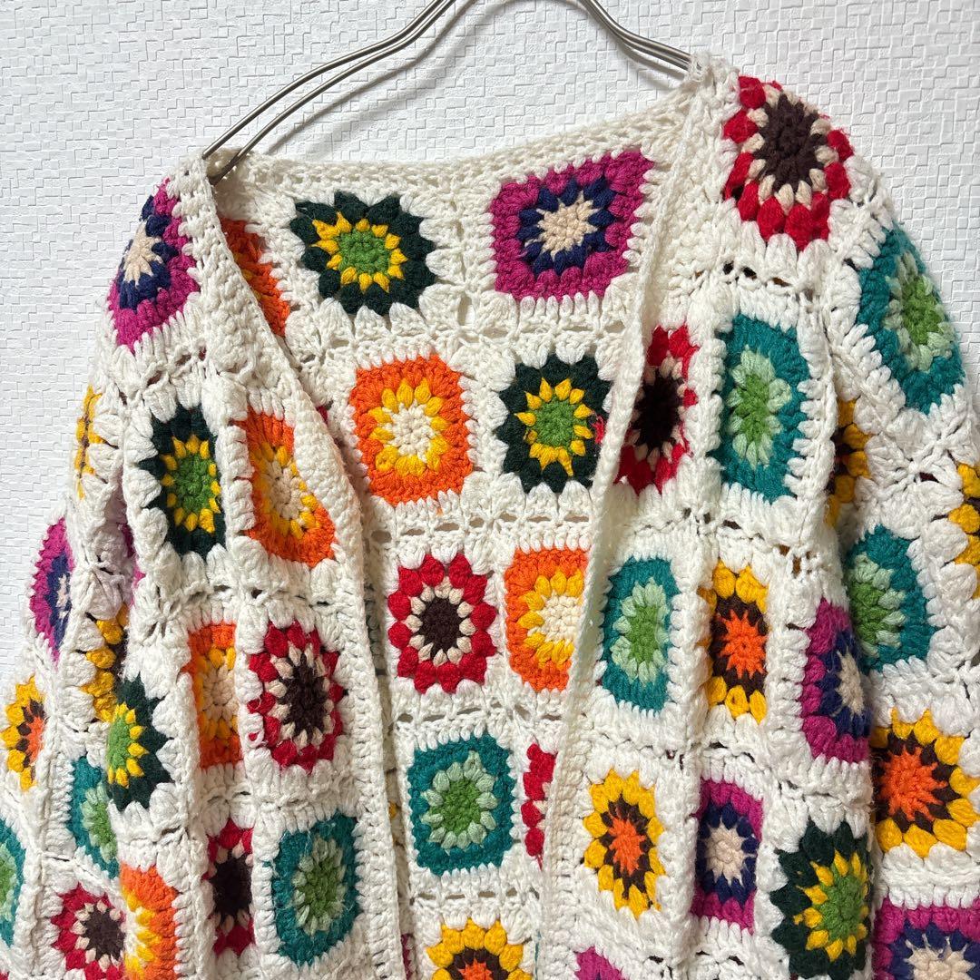 【Freadaフリーダ】グラニースクエアロングカーディガン(かぎ編みニット)