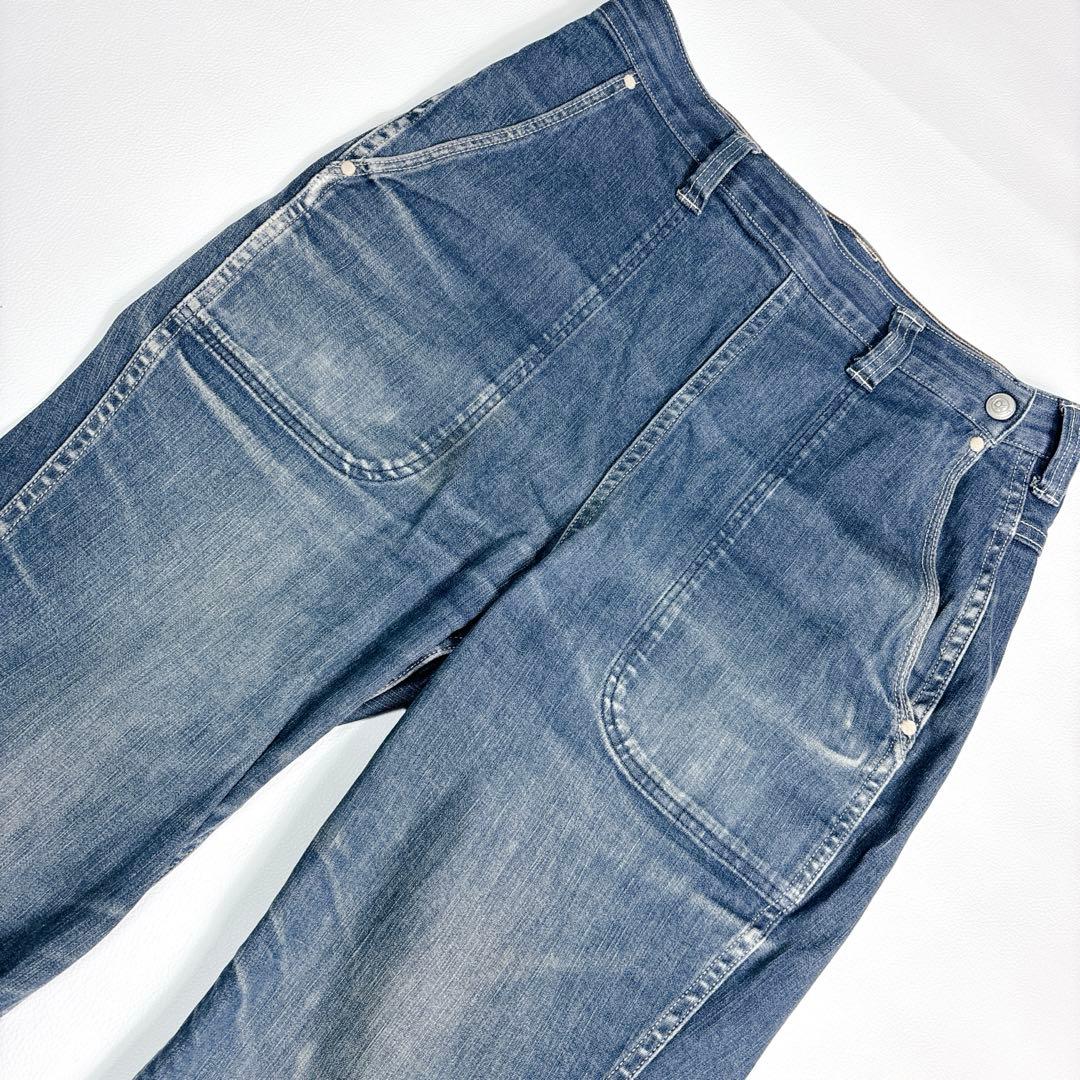 45R ライ麦デニムストレッチの桃比女 ロゴ刺繍 ロゴボタン インディゴ L