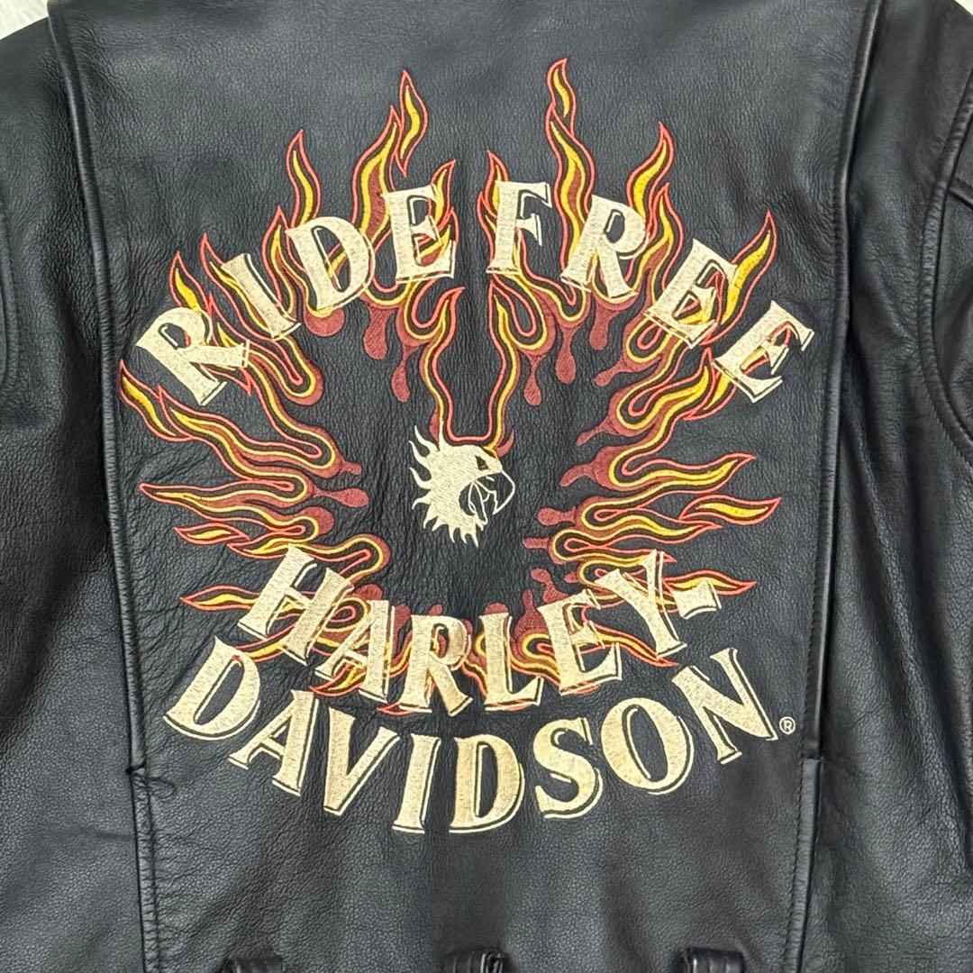 ハーレーダビッドソン　シングルライダースジャケット　S　ファイヤーパターン　刺繍