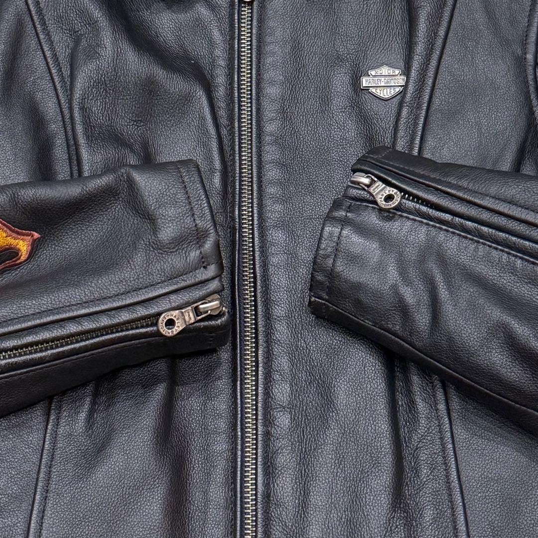 ハーレーダビッドソン　シングルライダースジャケット　S　ファイヤーパターン　刺繍