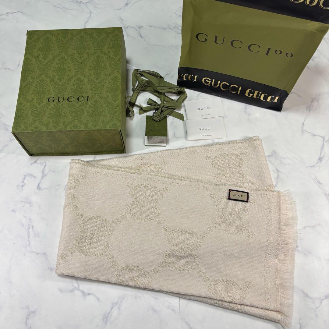 GUCCI 最高級ウール ジャカード マフラー ゴールド ラメ