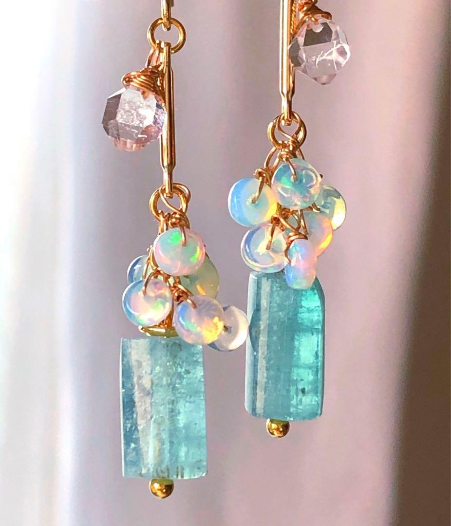 天然石☆極上大粒ミントエメラルド×極上ダイヤモンドクォーツのピアス14kgf