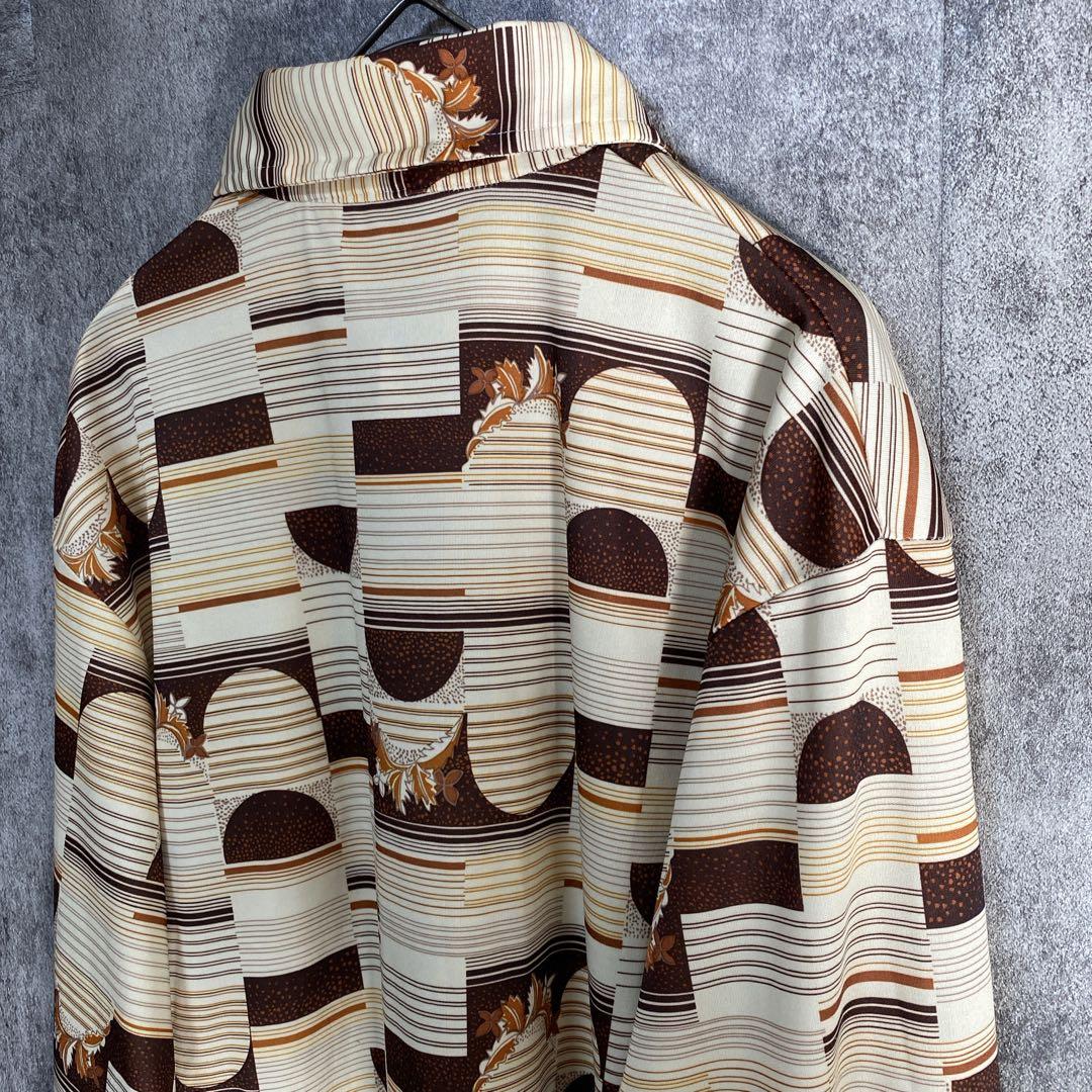 70s USA製 ヴィンテージ調 総柄シャツ レトロ 幾何学 M ポリシャツ