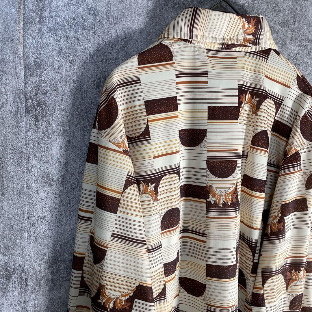 70s USA製 ヴィンテージ調 総柄シャツ レトロ 幾何学 M ポリシャツ