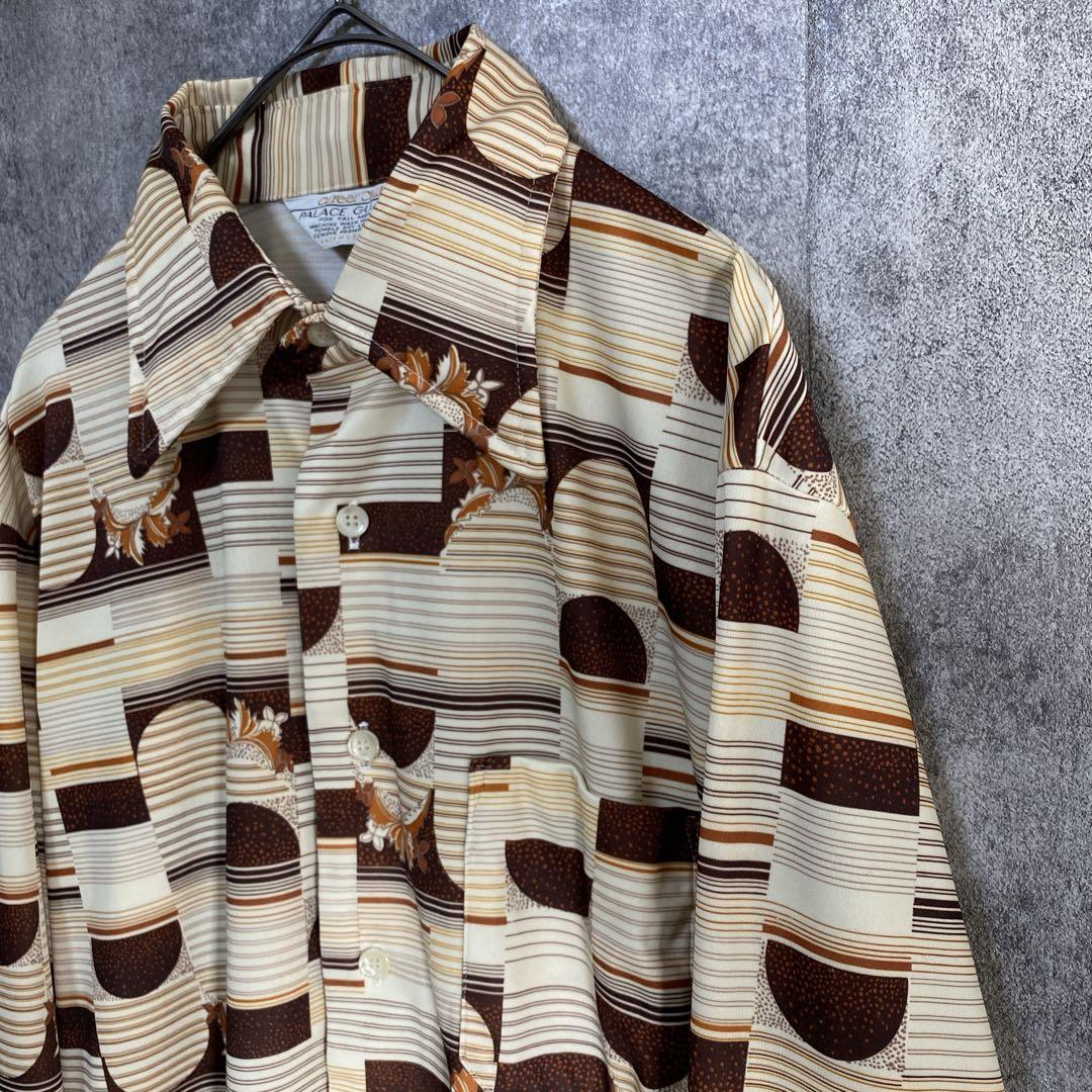 70s USA製 ヴィンテージ調 総柄シャツ レトロ 幾何学 M ポリシャツ