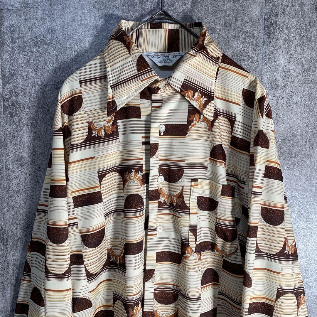 70s USA製 ヴィンテージ調 総柄シャツ レトロ 幾何学 M ポリシャツ