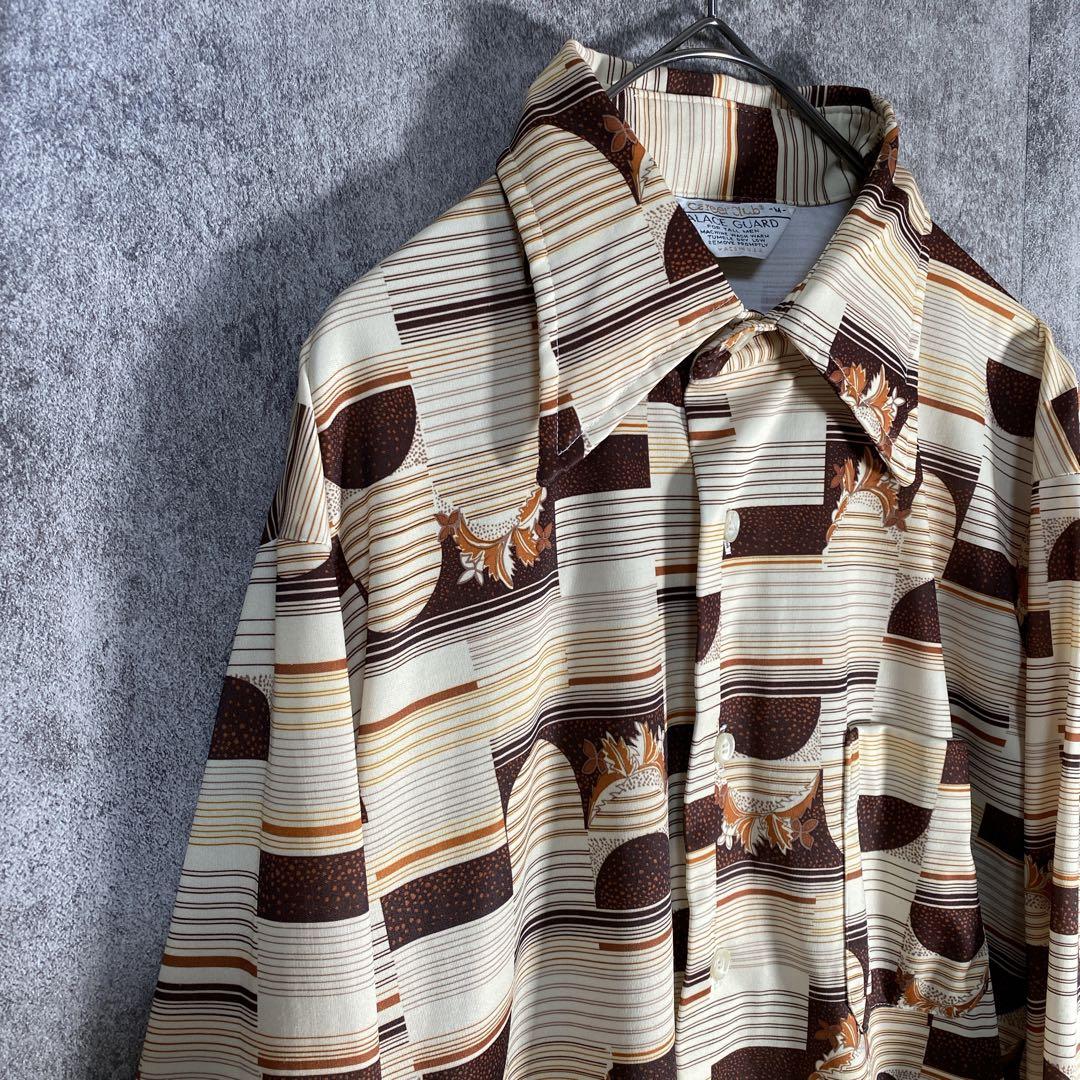 70s USA製 ヴィンテージ調 総柄シャツ レトロ 幾何学 M ポリシャツ