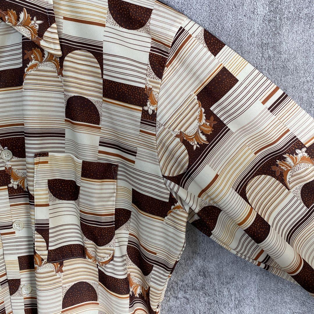 70s USA製 ヴィンテージ調 総柄シャツ レトロ 幾何学 M ポリシャツ