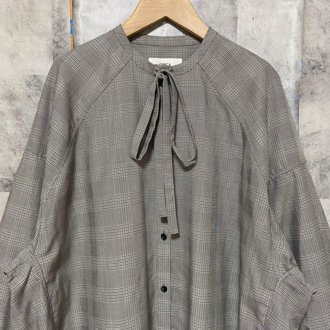 【OHGA】オーバーサイズリボンボウタイブラウス チェック柄 FREE グレー