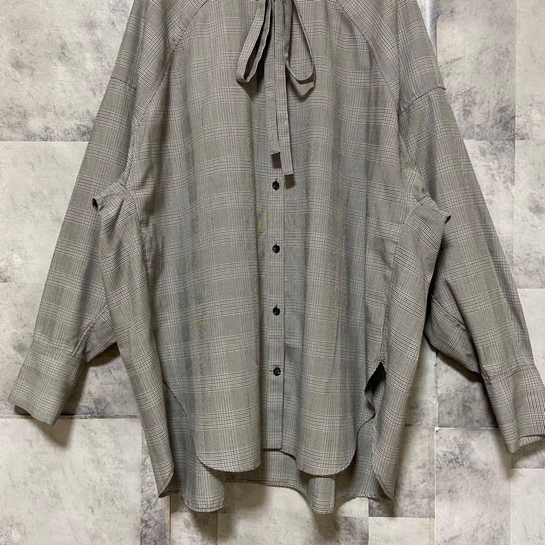 【OHGA】オーバーサイズリボンボウタイブラウス チェック柄 FREE グレー