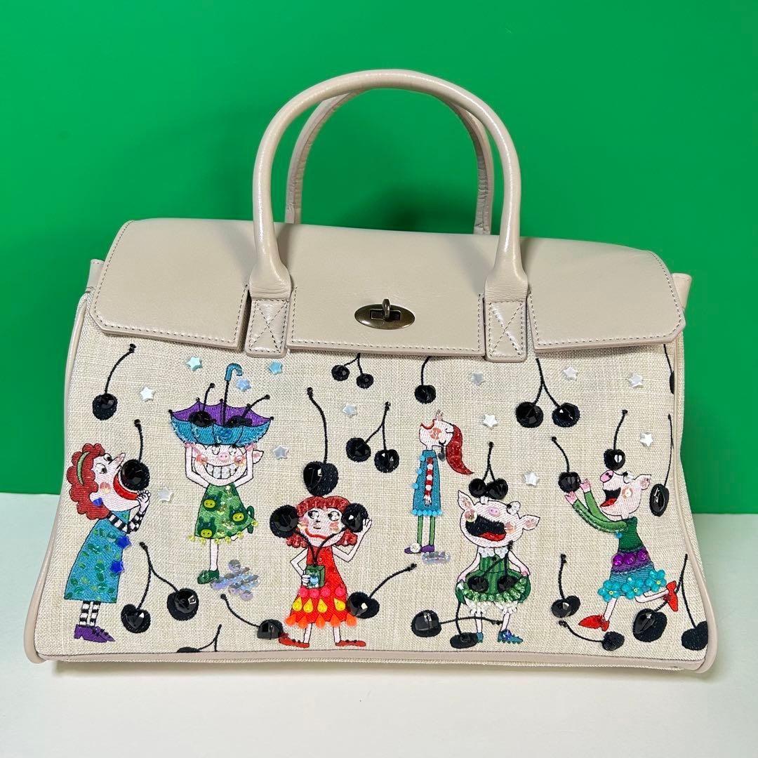 アルベロベロ　ハンドバッグ　2way ショルダーバッグ　ベージュ　刺繍　ビーズ