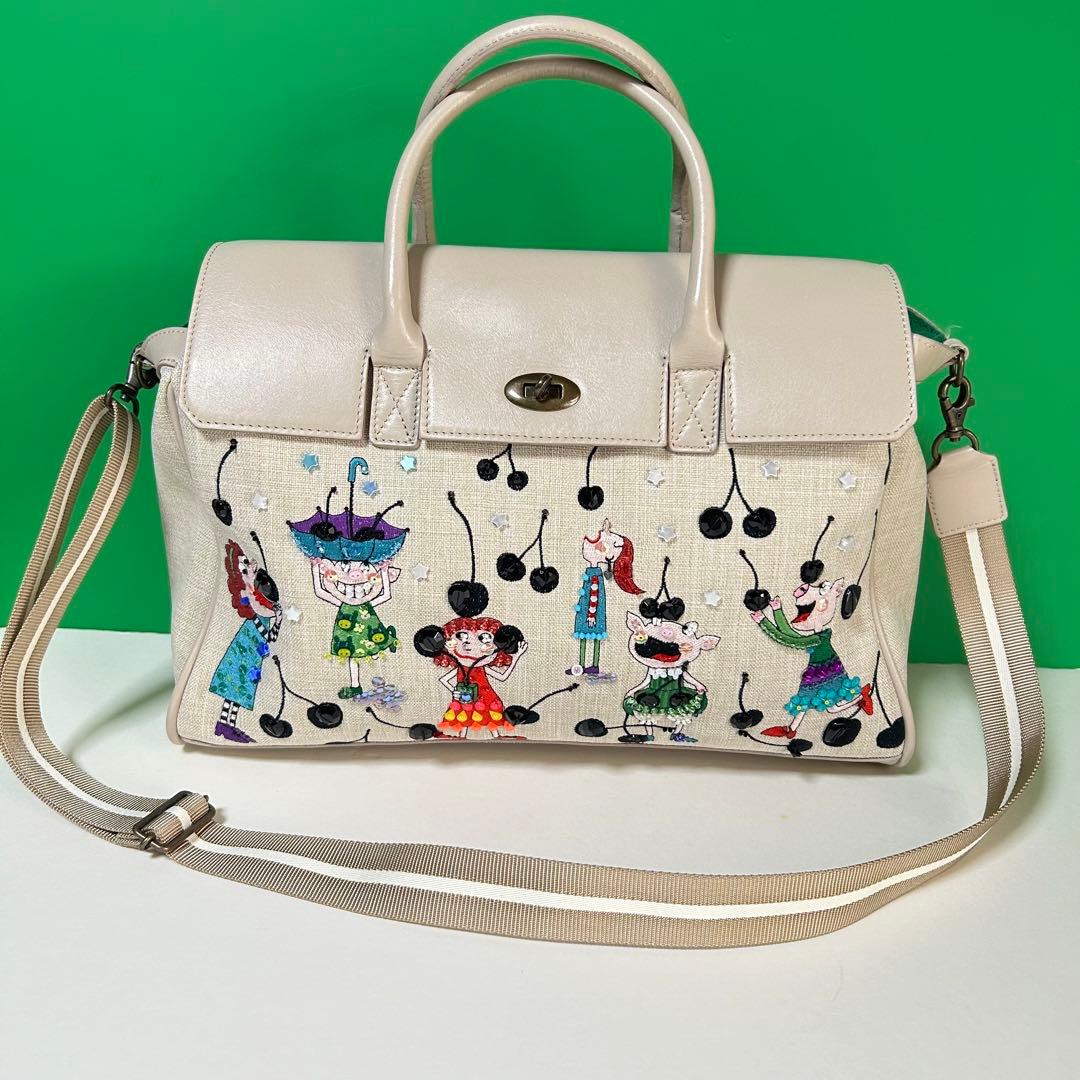 アルベロベロ　ハンドバッグ　2way ショルダーバッグ　ベージュ　刺繍　ビーズ