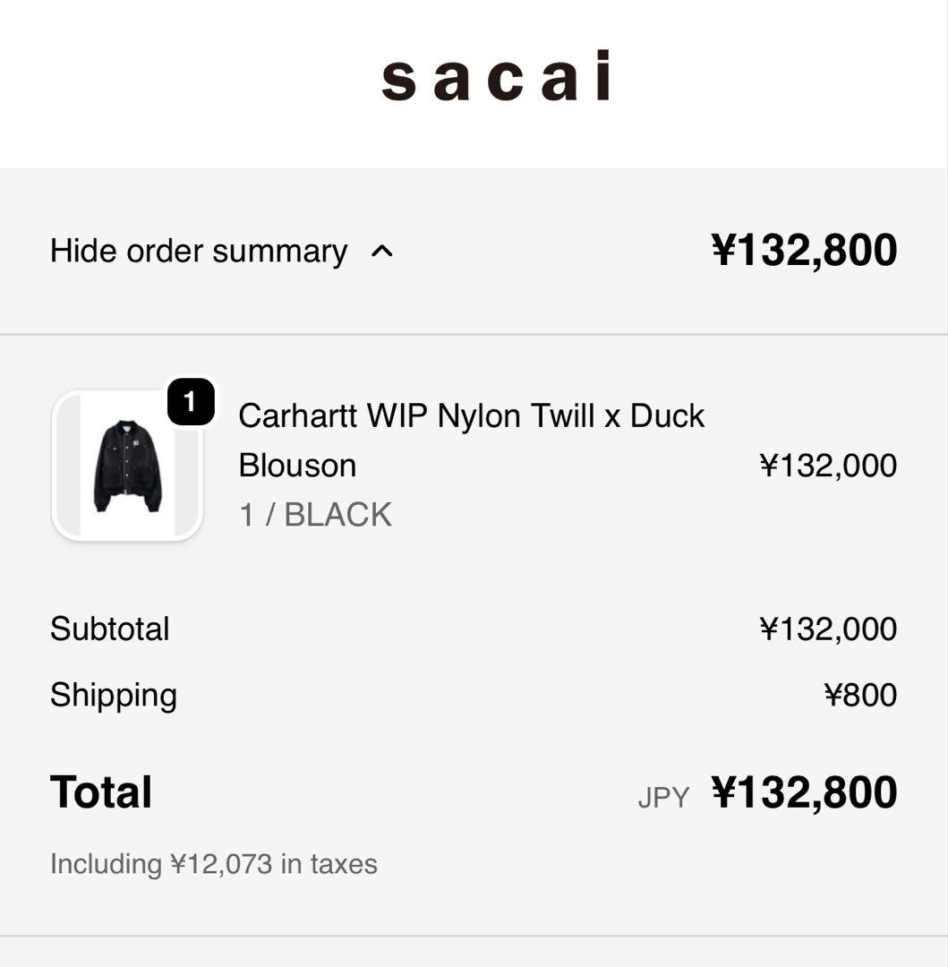 sacai x Carhartt WIP Nylon Twill 黒 サイズ 1