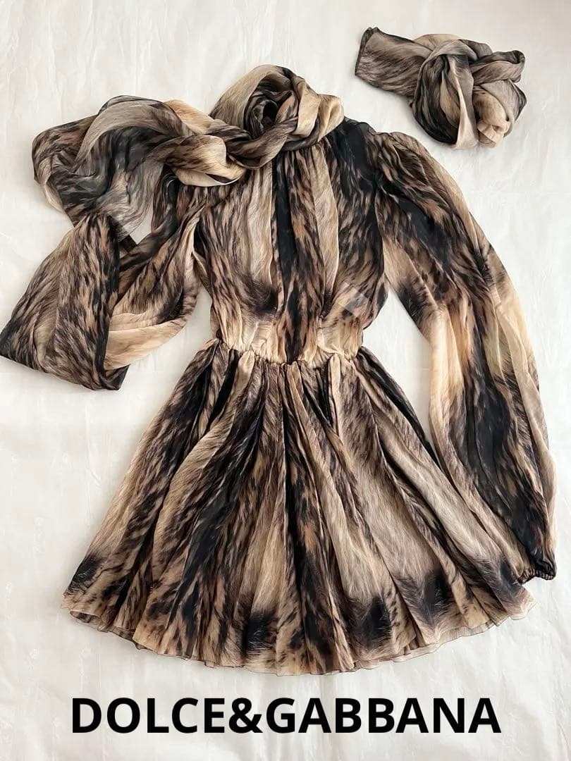 Dolce&Gabbanaシフォンシルクミニドレスパフスリーブアニマル柄パーティ