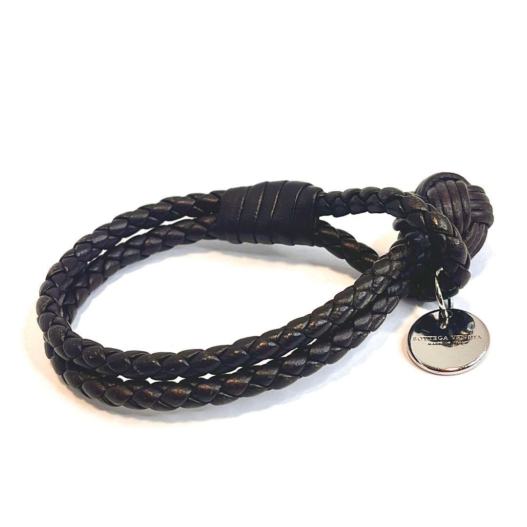 ボッテガヴェネタブレスブレスレットレザープレート編み込みブラウン ダークブラウン