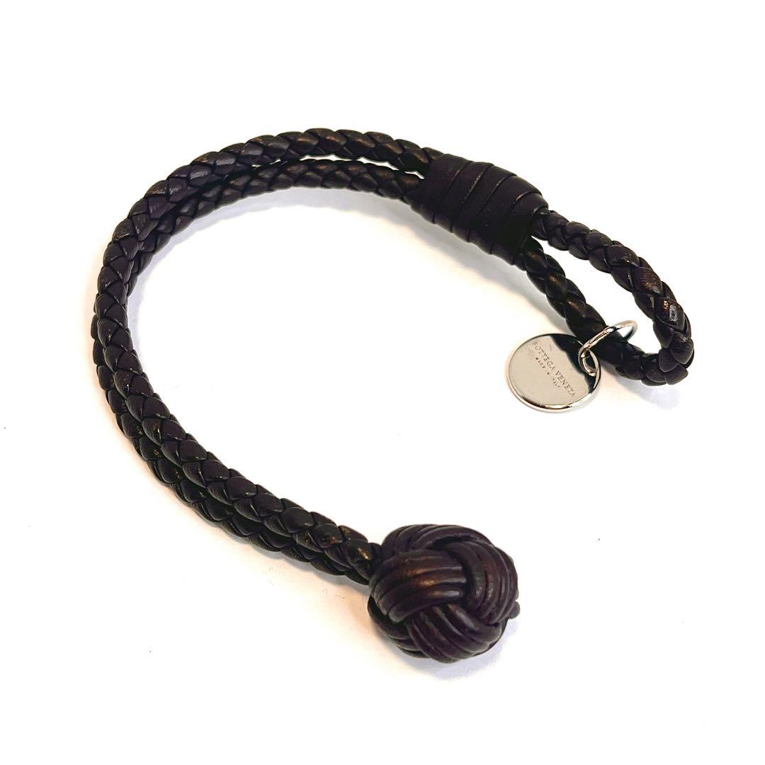 ボッテガヴェネタブレスブレスレットレザープレート編み込みブラウン ダークブラウン
