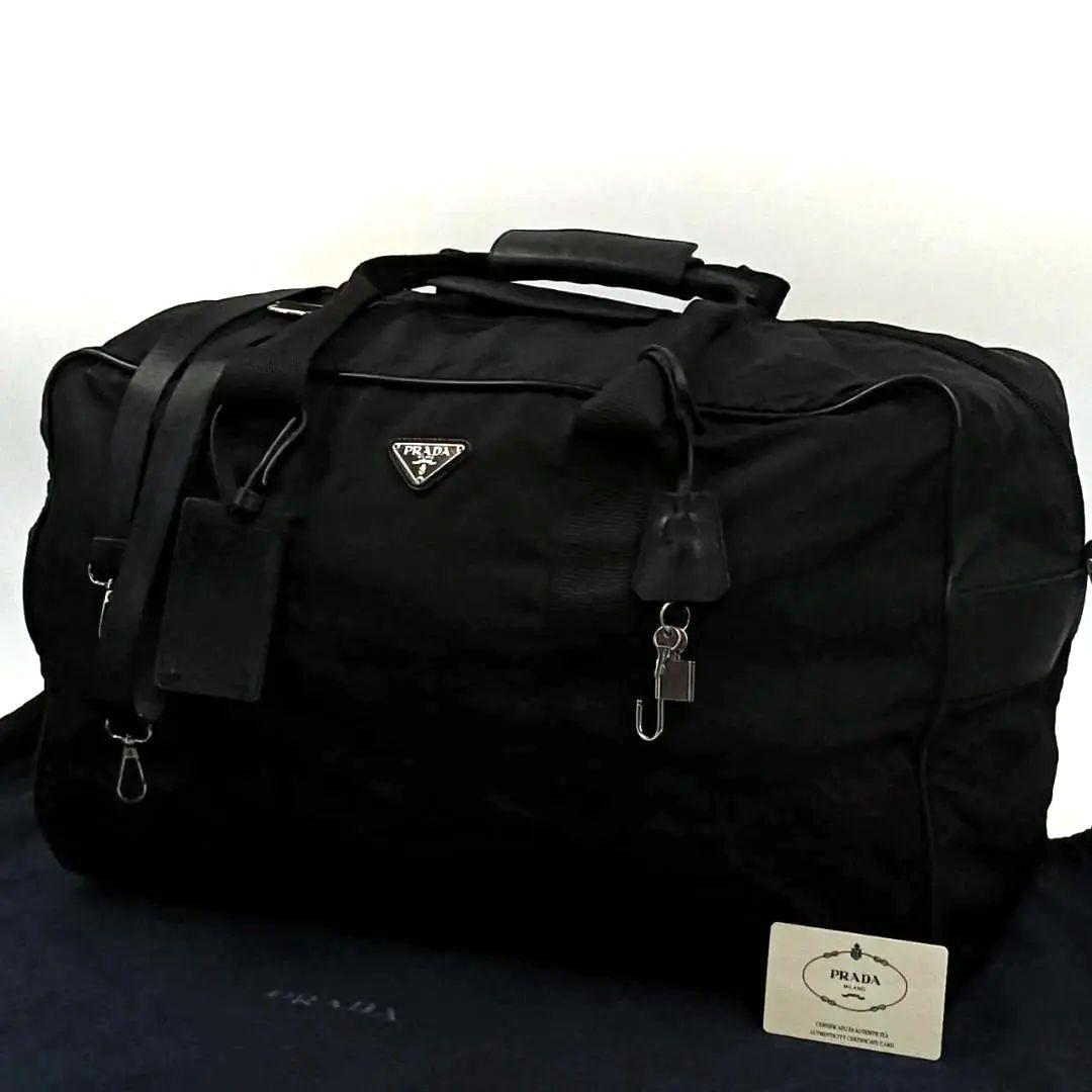 希少✨プラダ 保存袋　南京錠鍵付き　2way ボストンバッグ 三角ロゴ 革 黒