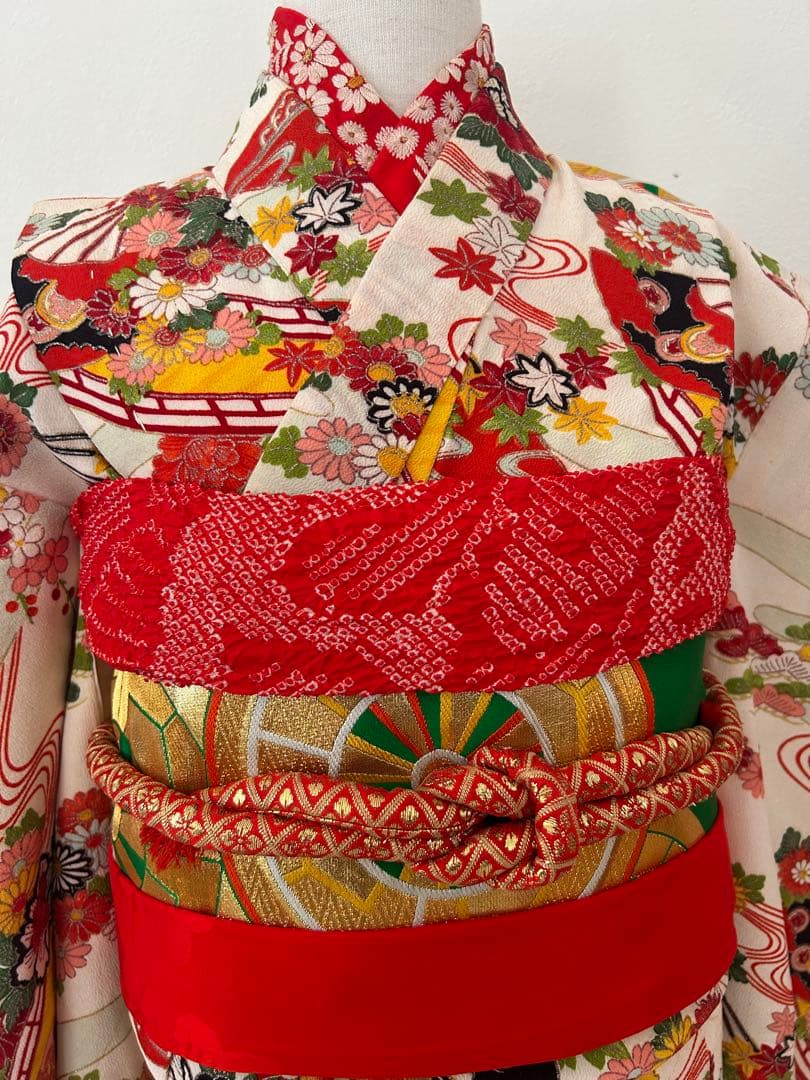 7歳　七五三　アンティーク正絹着物、帯、帯揚げ、帯締め、しごきのセット