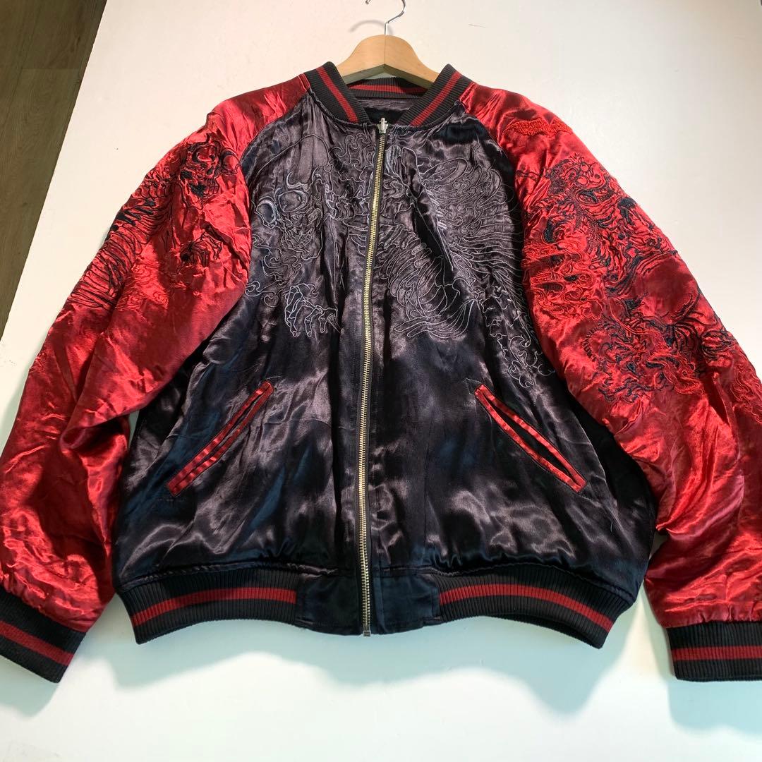 絡繰魂 ガシャドクロ XL スカジャン 百鬼夜行 猫又 鬼 総柄刺繍 レーヨン