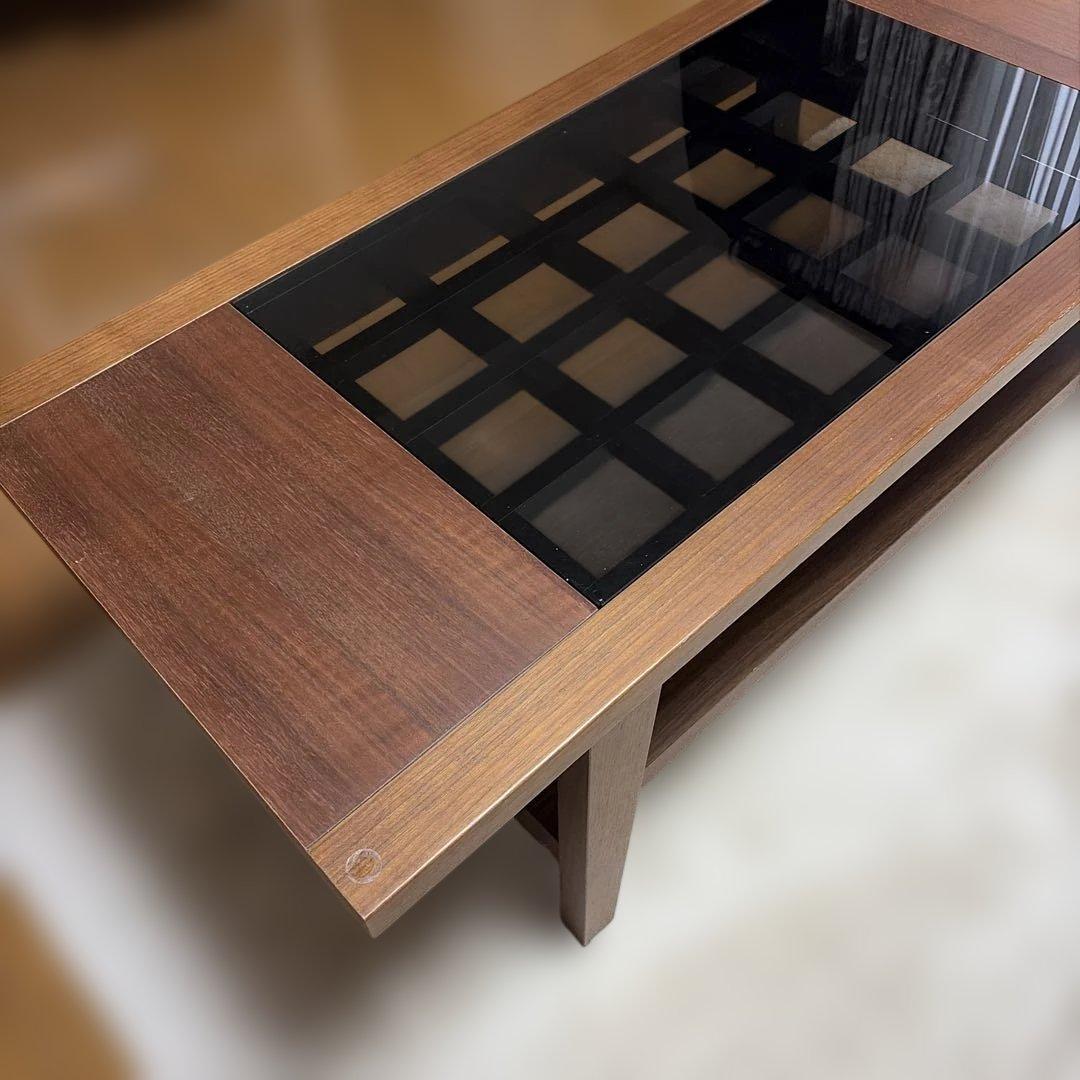 木製ガラス天板付き長方形テーブル