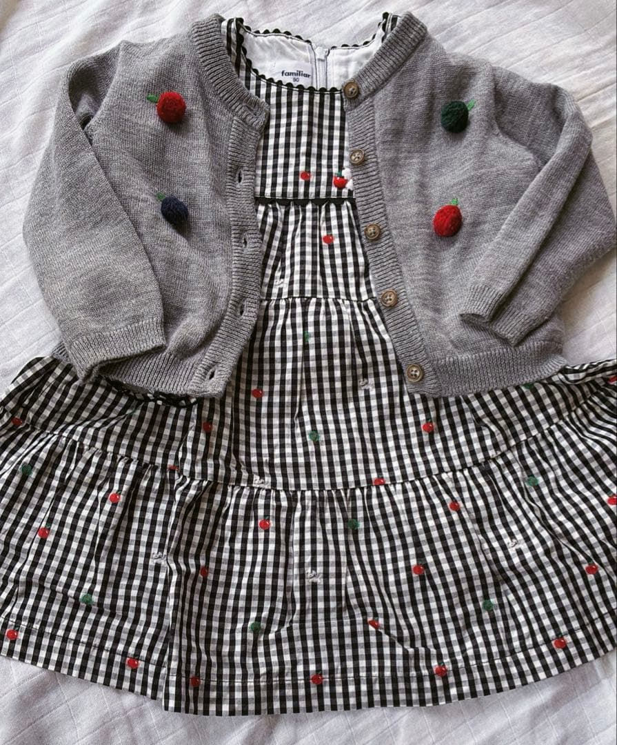 ファミリア　ギンガムチェックワンピース　90 カーディガン80