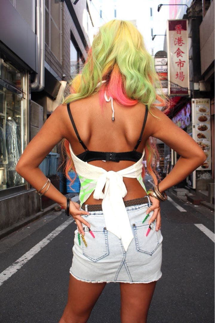 【GALEO】d.i.a.系 ゼブラ柄エプロンキャミ ネオングリーン×ホワイト