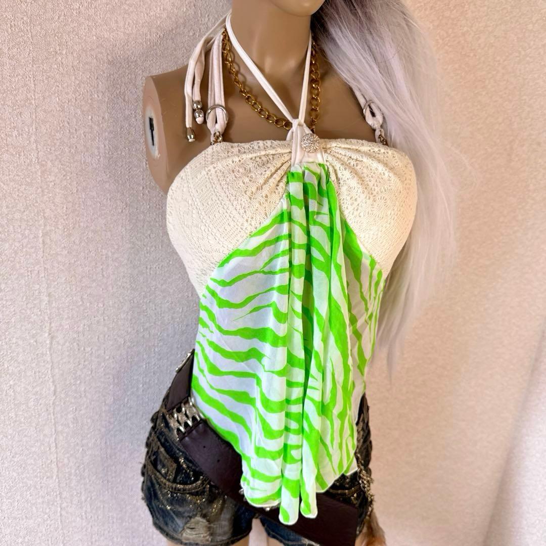 【GALEO】d.i.a.系 ゼブラ柄エプロンキャミ ネオングリーン×ホワイト