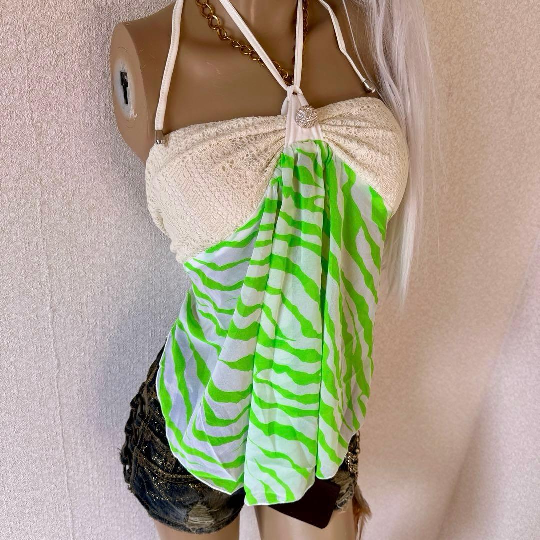 【GALEO】d.i.a.系 ゼブラ柄エプロンキャミ ネオングリーン×ホワイト