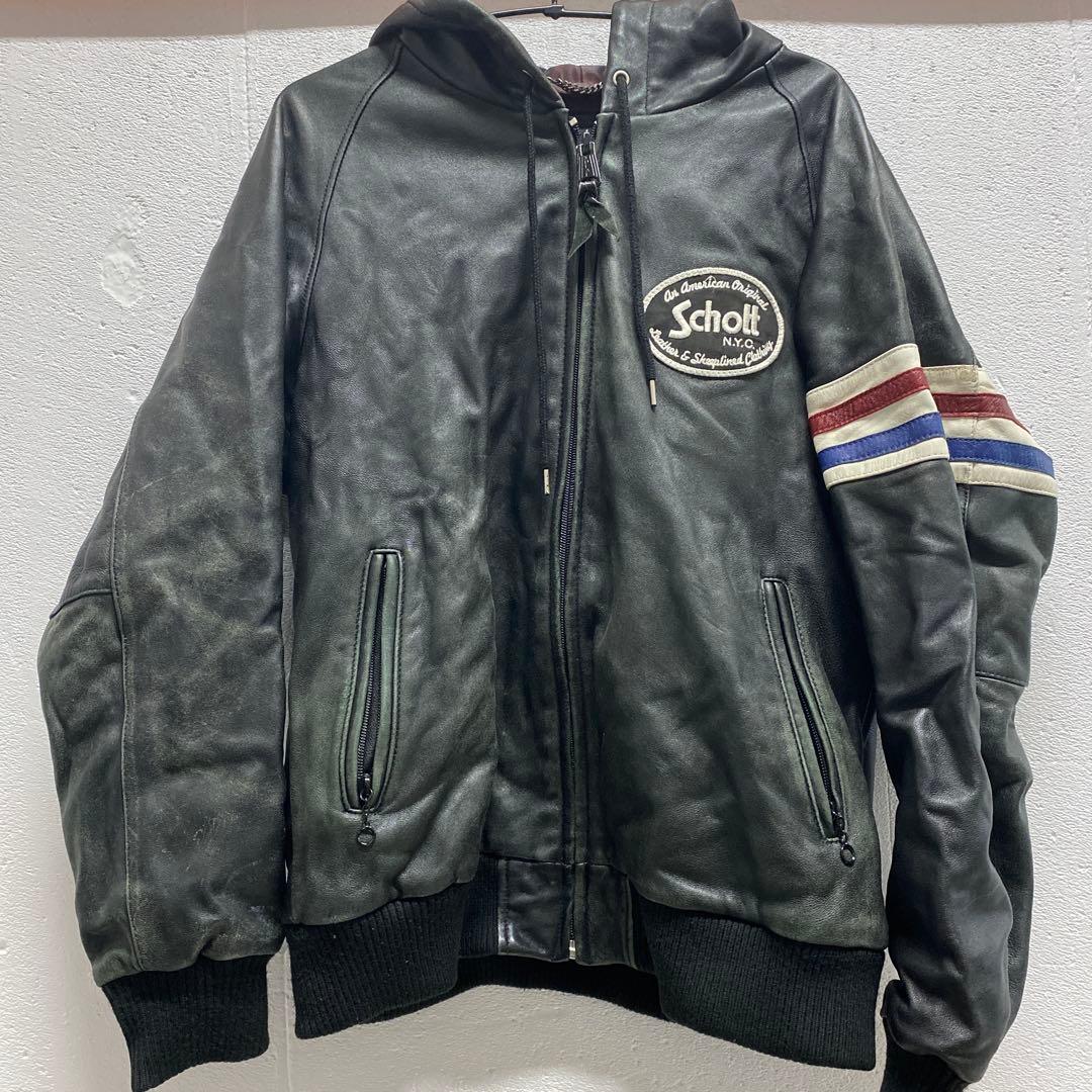 Schott社のフード付きのブラック本革古着レザーパーカー美品激安