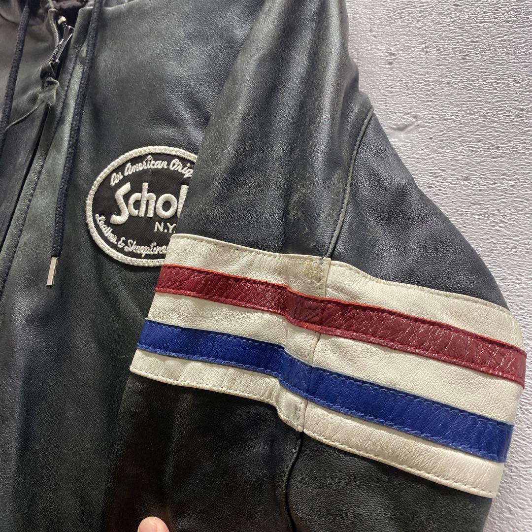 Schott社のフード付きのブラック本革古着レザーパーカー美品激安