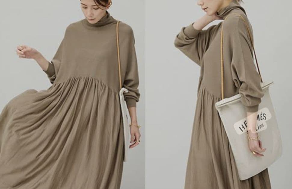 カレンソロジー　ベージュ ウールハイネックギャザー ワンピース　ロングドレス