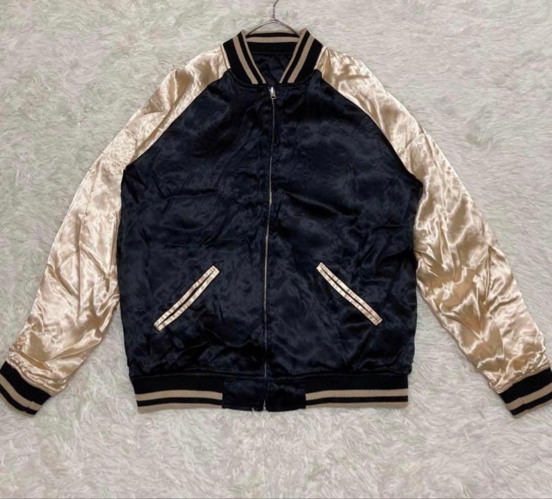 絡繰魂 粋 闘鶏 スカジャン リバーシブル ブラック×ゴールド 桜刺繍 L相当