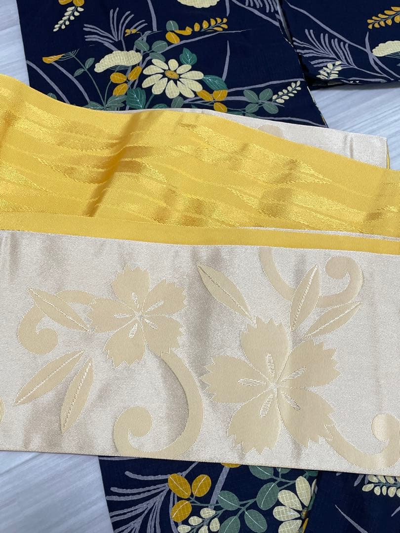 レディース浴衣　夢工房 II 浴衣・帯セット　黄色　花　濃紺　ネイビー　黄色