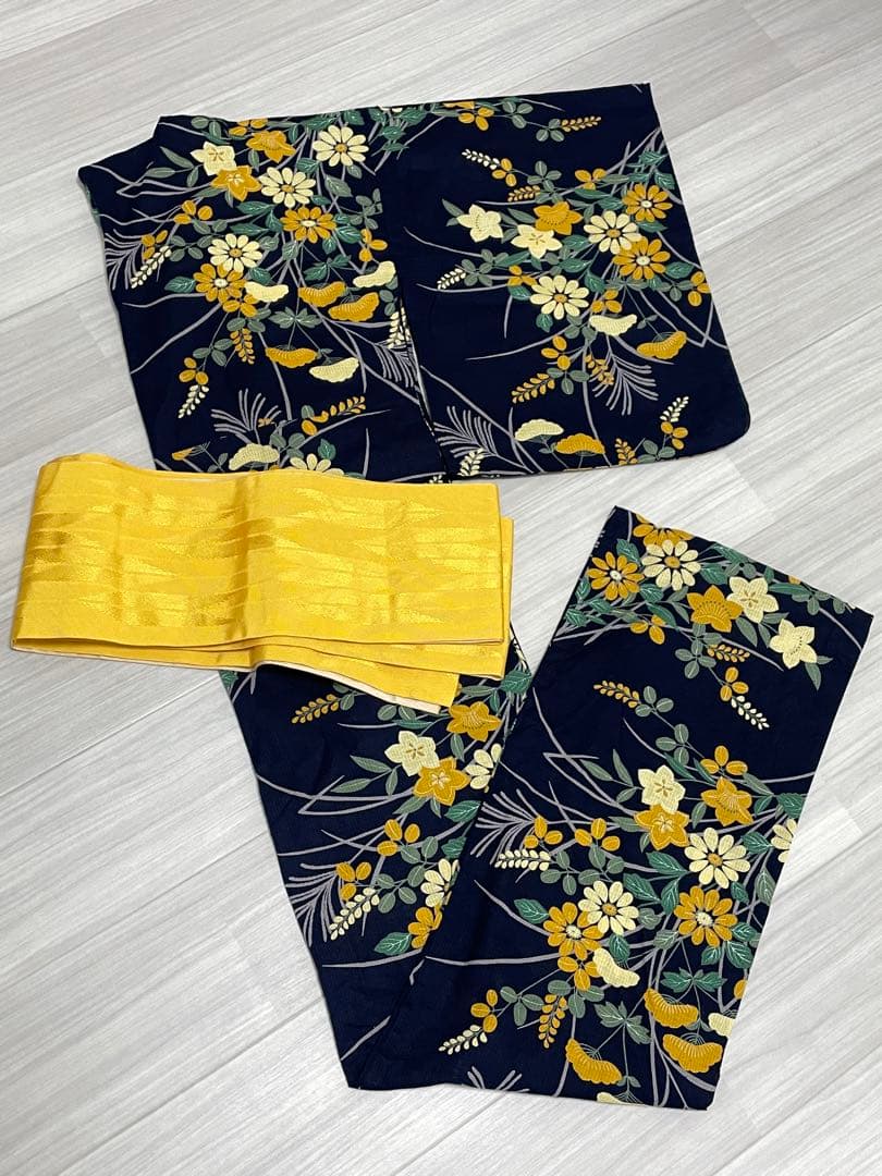 レディース浴衣　夢工房 II 浴衣・帯セット　黄色　花　濃紺　ネイビー　黄色