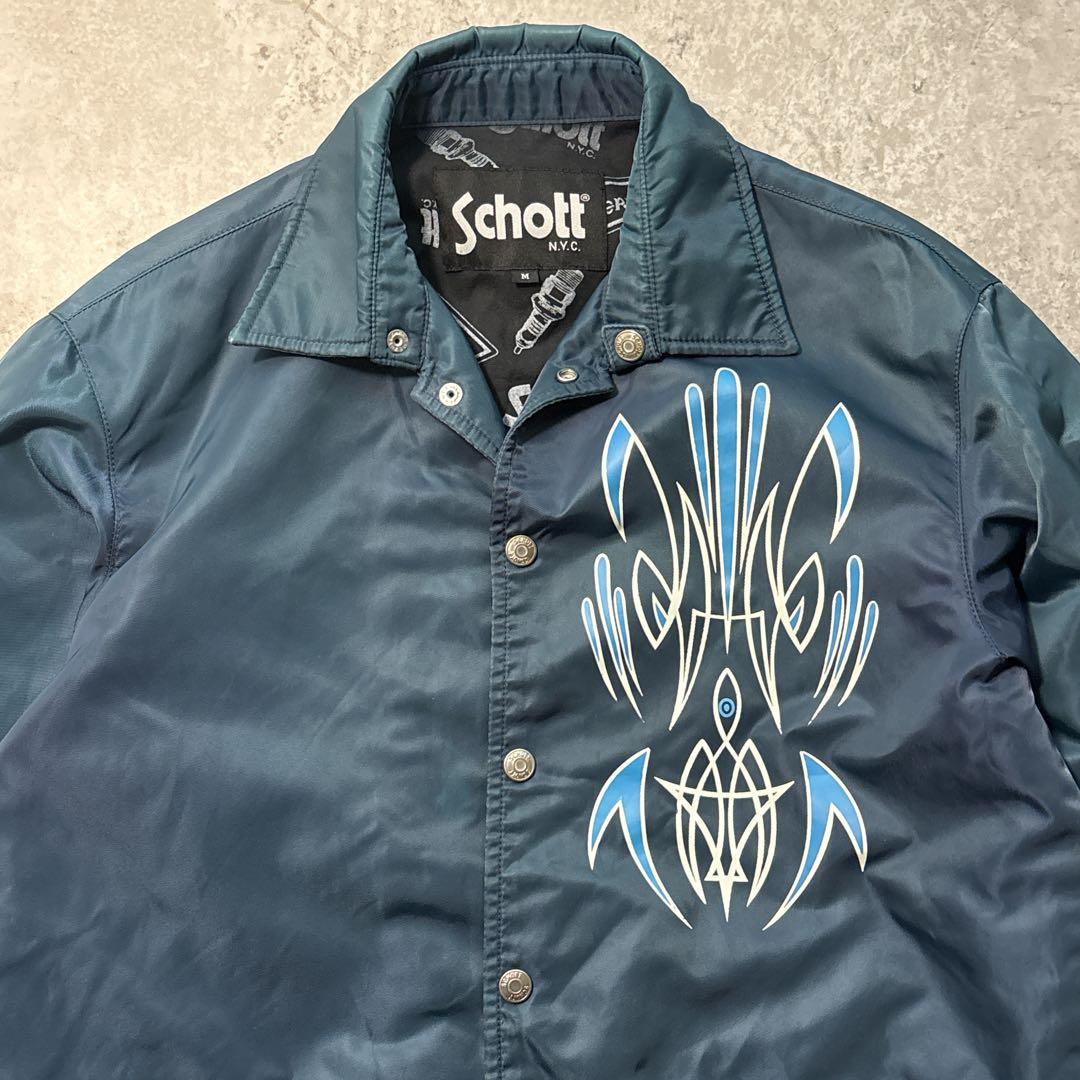 schott ナイロンコーチジャケット バックプリント ピンスト ネイビー M