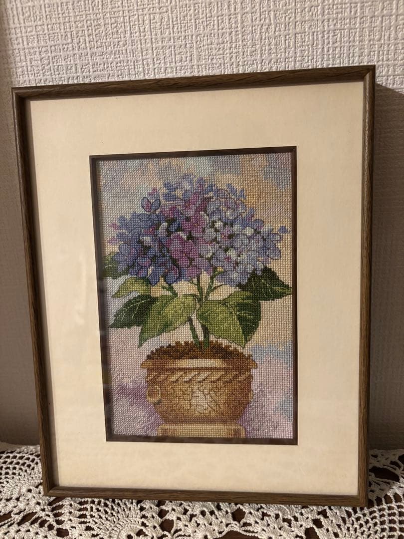 クロスステッチ刺繍風景画2点セット フレーム付き ピアノと女の子　あじさい